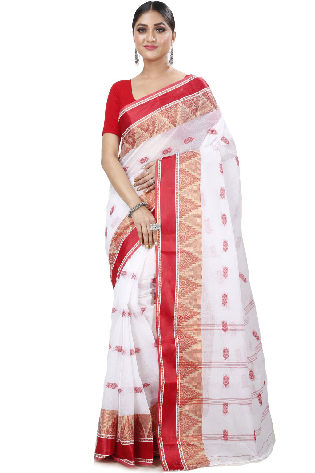 White Red Pure Cotton Sadasob Tant Saree (1028)